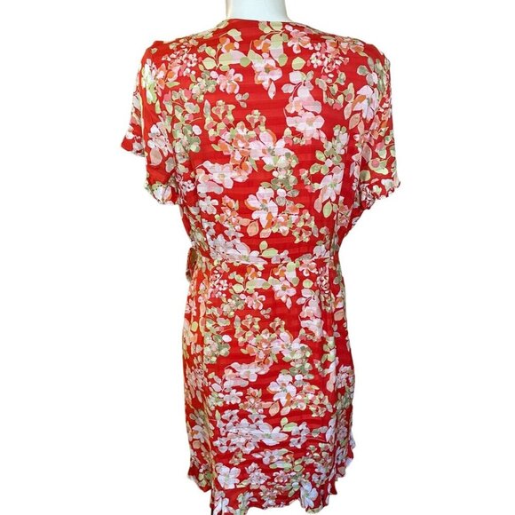 J. Jill Coral Green Floral Ruffled True Wrap Dress Women's Size Medium - Picture 4 of 7